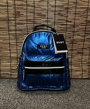 Image of DKNY Logo Metallic Padded Small Travel Backpack Blue New RRP £160.00
