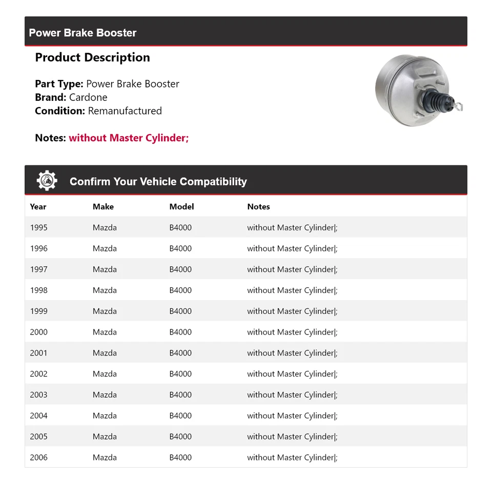 Para Mazda B4000 1995-2006 Power Brake Booster Cardone 1996 1997 1998 1999 2000 Foto 2 de 4