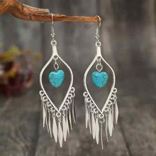 Vintage Feather Tassel Heart Turquoise Decor Dangle Earrings Retro Bohemian