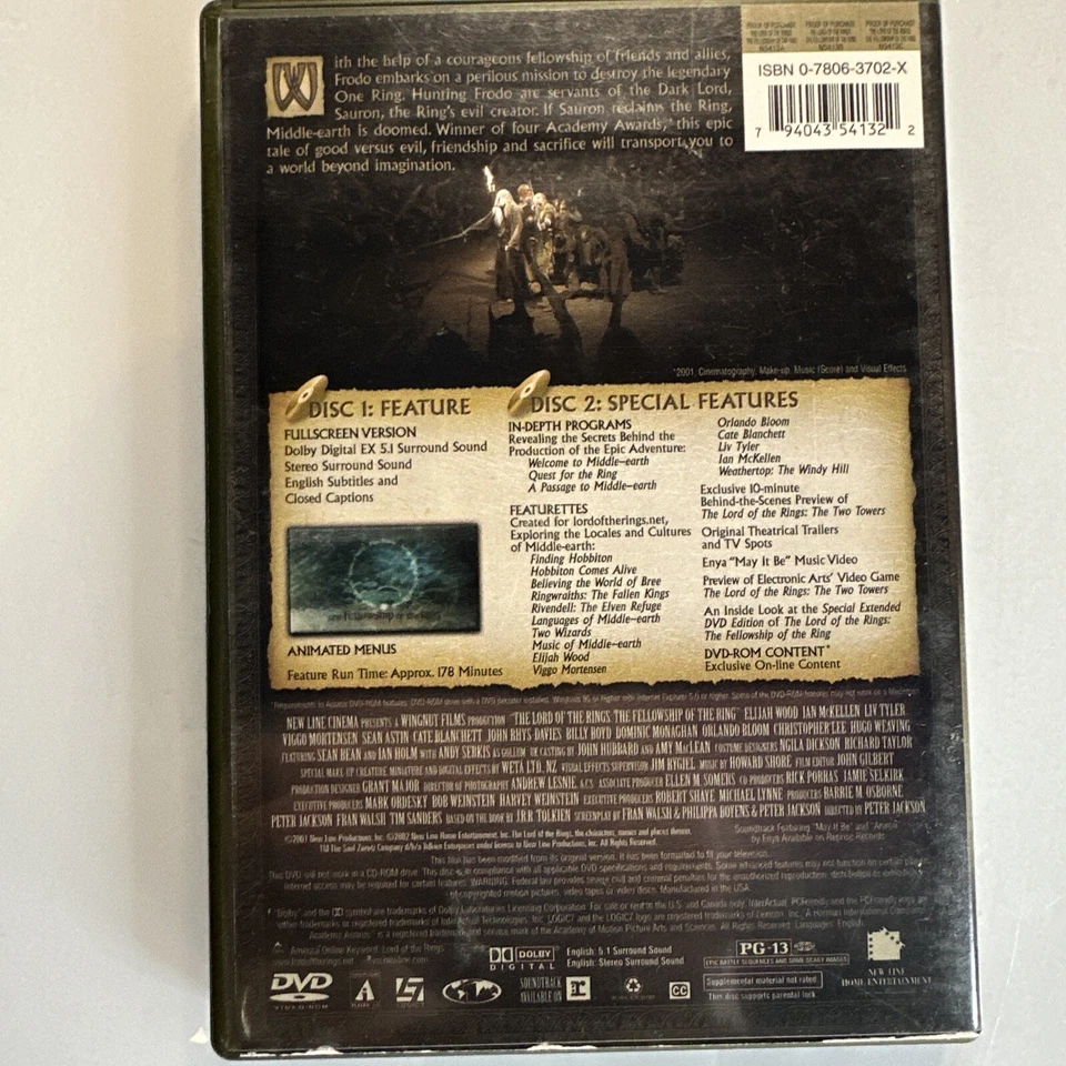 The Lord of the Rings: The Fellowship Ring (DVD, 2002, 2-Disc Set - Image 2 of 2