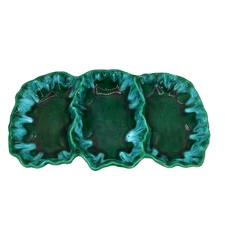 Vintage 10" Ceramic glazed blue turquoise divided Serving Dish tray Signed