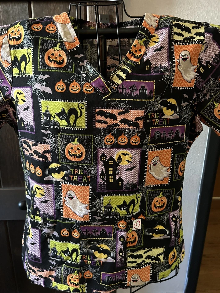 3 Fall/Halloween Medium Women's Scrub Tops - Image 2 of 4