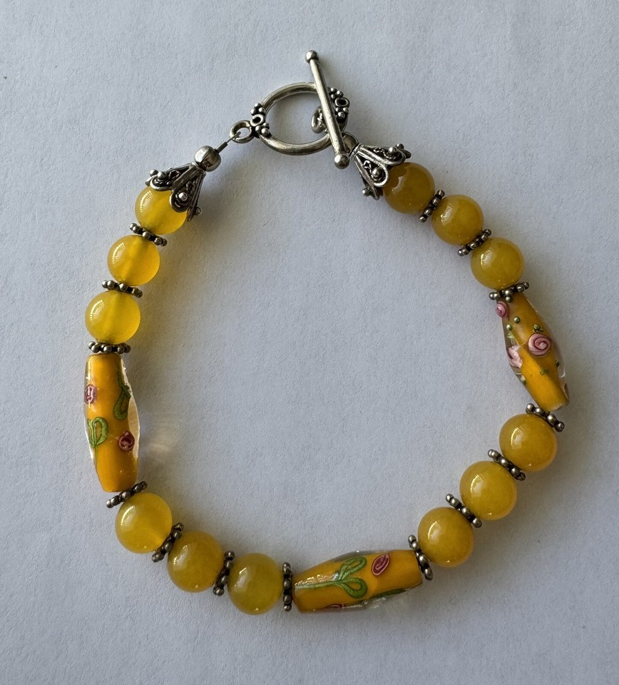 Vintage Yellow Glass Beaded Bracelet, Yellow Bracelet, 8” Glass Beaded