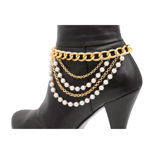 Women Gold Metal Boot Chain Bracelet Shoe Anklet Wave Pearl Beads Wrap Around - Picture 18 of 24