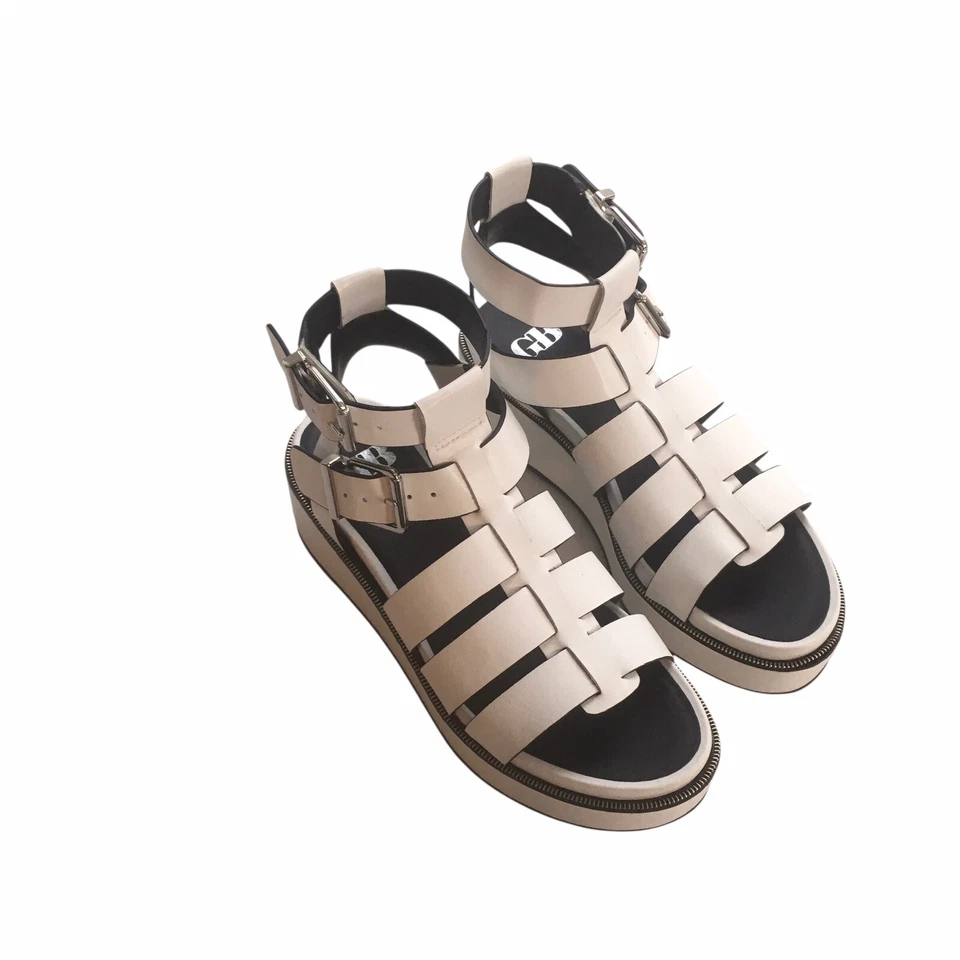 Sandalias de plataforma de gladiador de cuero blanco para mujer 6,5 tiras años 90 Rock Edgy tobillo Foto 2 de 4