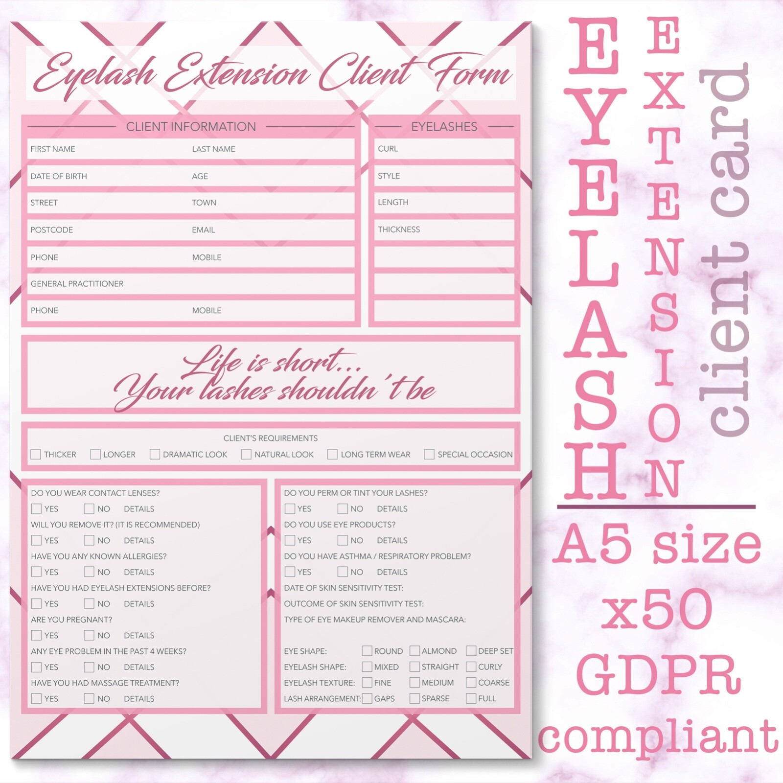 Eyelash Extension Client Record Card Form PREMIUM Consultation A5 GDPR x50
