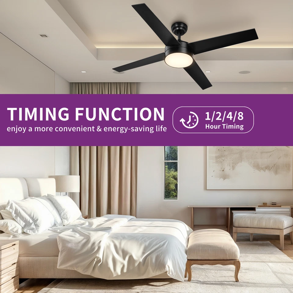 48'' Black Ceiling Fan with LED Lights and Remote Control 4 Blades Bedroom Fan - Image 4 of 4
