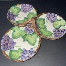 Vintage 1989 Fitz and Floyd Grape Arbor Divided Serving Dish Tidbit Vineyard EUC