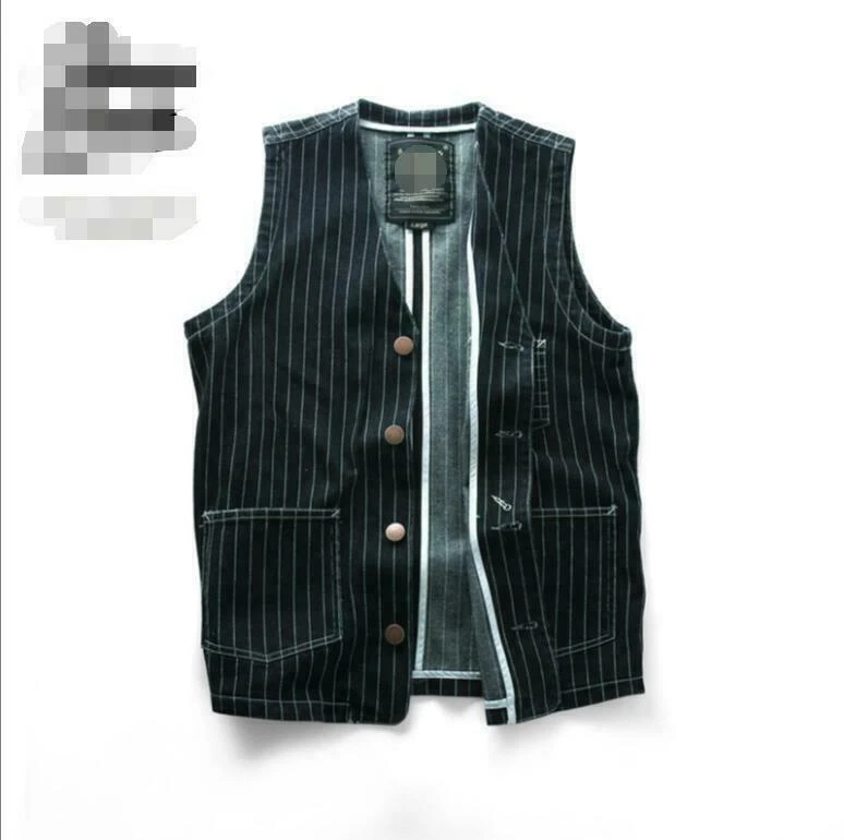 Mens Japanese Waistcoat Sleeveless Denim Jacket Retro Striped Motorcycle Vest