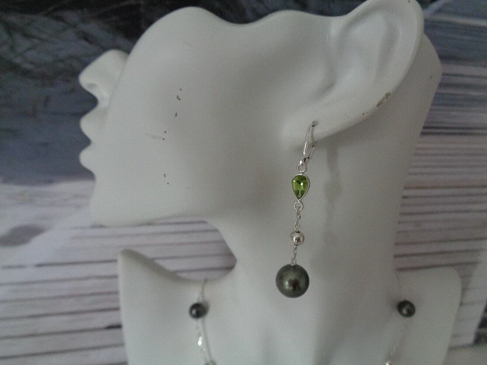 Perlenohrringe Silber Peridot Tahiti Perlen Tahiti Perlen Ohrringe - Bild 3 von 4