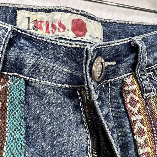1st Kiss Shorts Womens 1 Blue Aztec Embroidered High Waisted Cuffed Hem Denim - Picture 3 of 11