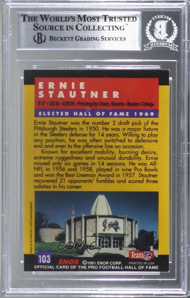 BAS 1991 Enor Pro Football Hall of Fame Ernie Stautner #130 Authentic Auto HOF - Image 2 of 2