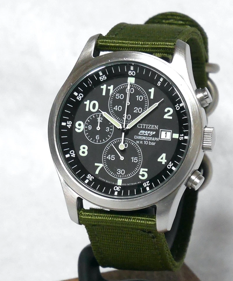 Reloj de Campo Militar Citizen Oxy 0510 1998 Negro Cronógrafo Fecha Luminosa Japón Foto 2 de 4