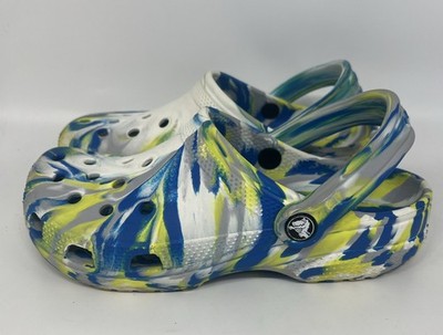 Crocs Blue Yellow White Painted Clog Sandals Slip-On Size J5/W7 EUC 