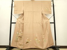 Japanese Kimono Embroidery Birds Flowers Dyed Gold Color Pure Silk