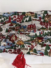 Christmas Cotton Table runner Red Tassel Farm/village Snow Scene 68  Rustic Cute