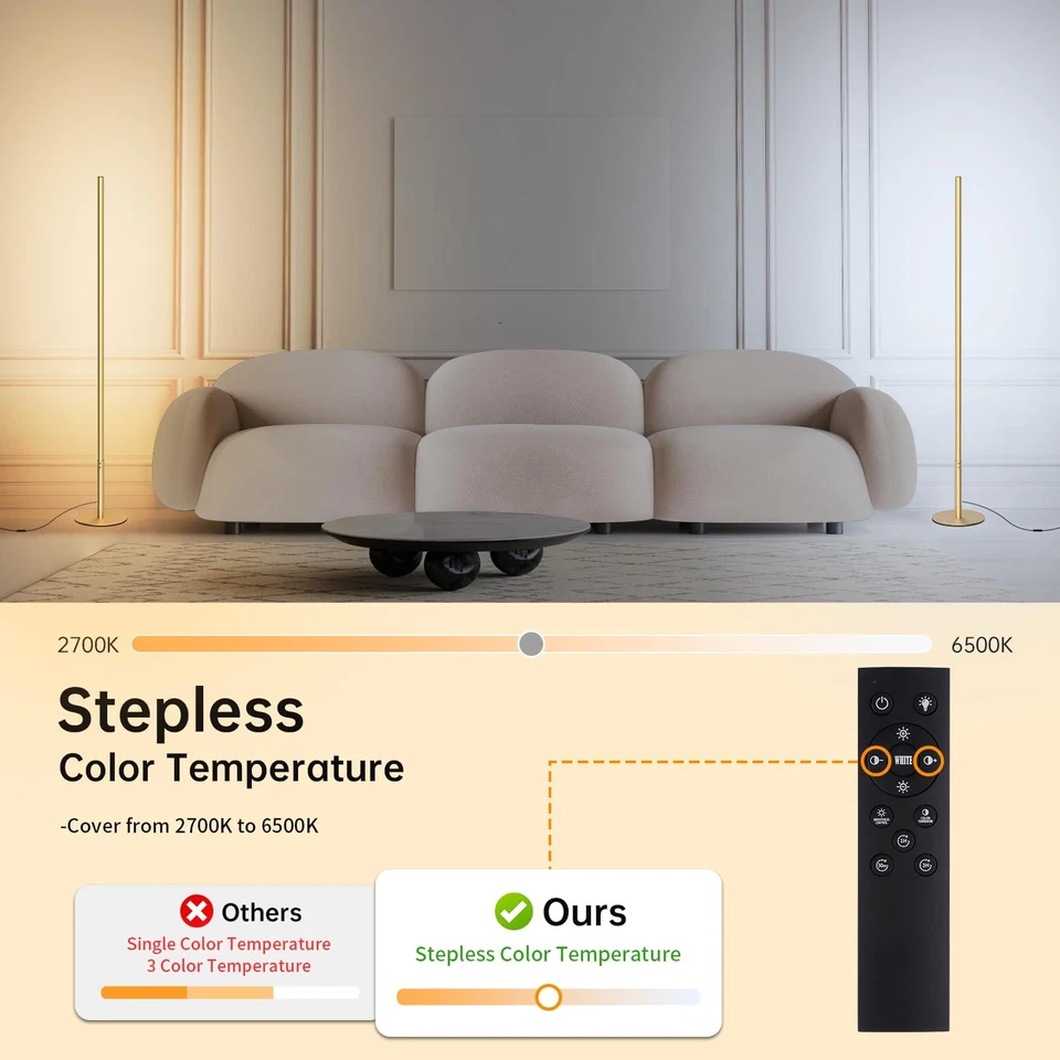 Минималистский угловой напольный светильник 2700K-6500K регулируемая яркость с пультом дистанционного управления 57,8 дюйма высота... - Изображение 2 из 4