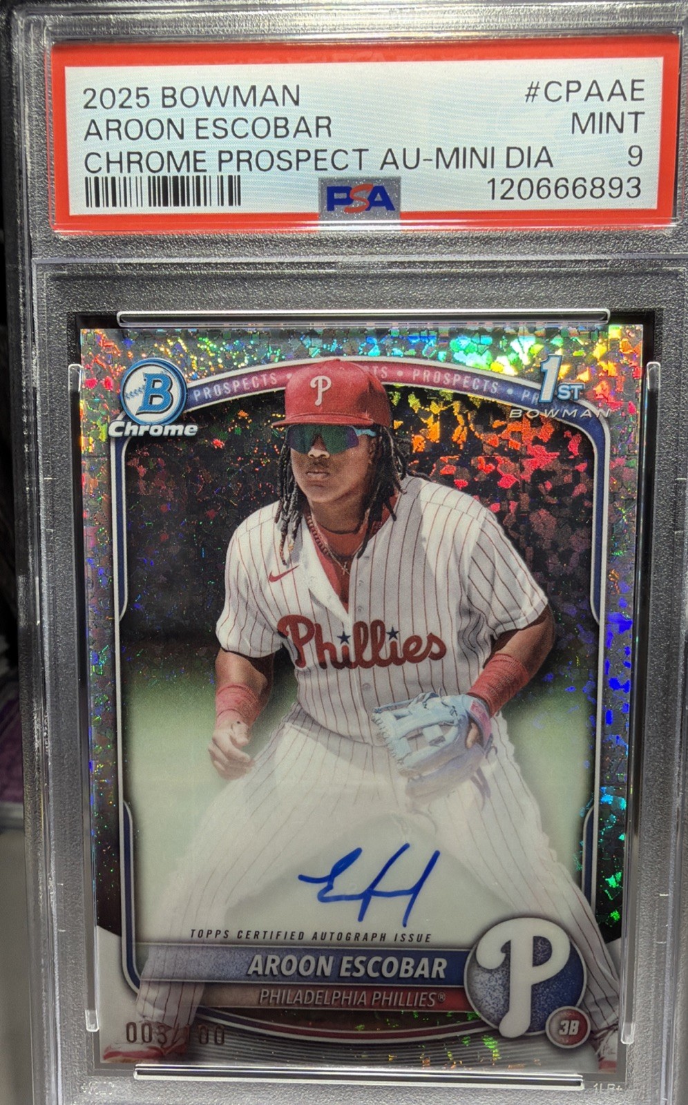 2025 BOWMAN AROON ESCOBAR #3/100 CHROME PROSPECT 1st AUTO MINI DIAMOND #CPA-AE