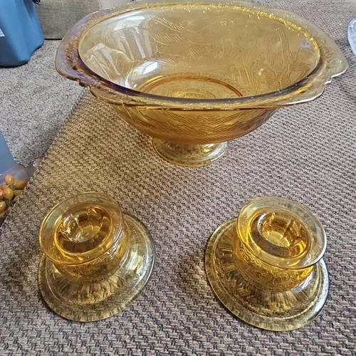 Vintage Amber Depression Glass Console  Set 10x5" Bowl & 4x2.5" Candle Holders