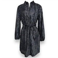 House of Harlow 1960 Sparkle Shirtdress Black Silver Tie Waist Collar Medium