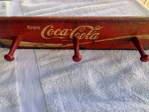 Vintage Coca-Cola Wall Hook Rack Rustic Wood Sign 3 Pegs Coat Hat Key Holder