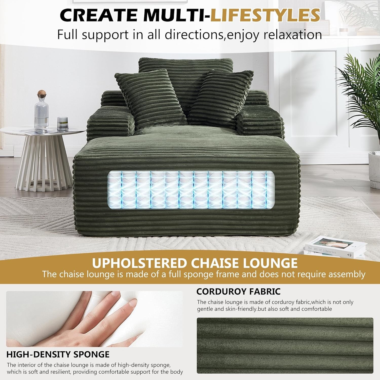 67" Oversized Chaise Lounge Chair,Corduroy Couch Pillows,Deep Seat Boneless Sofa
