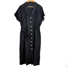 Quince Dress Womens XL Black Linen Shirt Midi Button Front Short Sleeve Pockets
