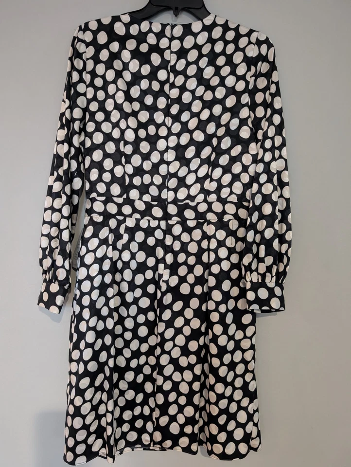 Vestido London Times Nordstrom Mujer 10 Negro Blanco Lunares Satinado Manga Larga  Foto 3 de 4