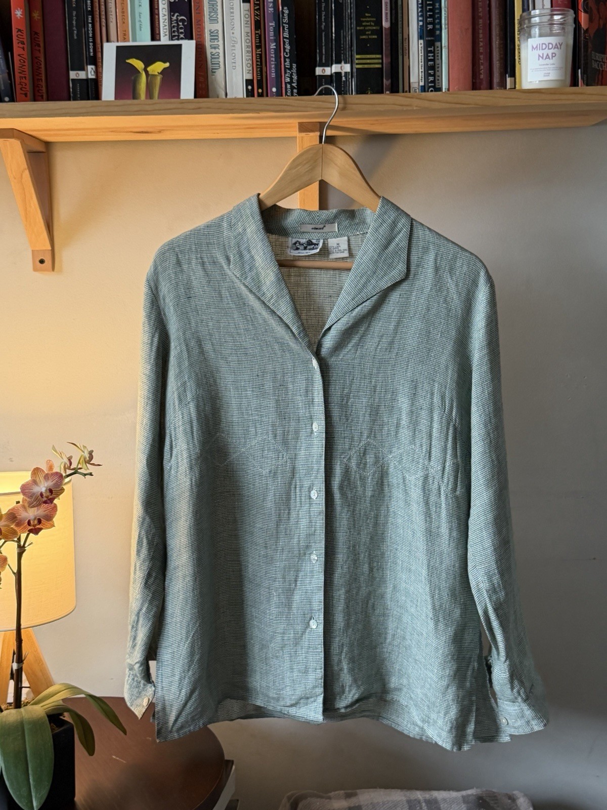 Edward M Irish Linen Green/White Houndstooth Collared Long Sleeve Button-Up