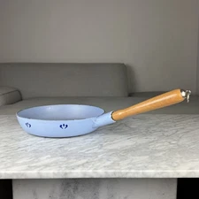 Vtg Descoware FE Belgium Skillet Frying Pan Enamel Wood Handle Flower Blue  11"