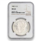 1882-S $1 MORGAN DOLLAR US MINT 90% SILVER COLLECTIBLE COIN NGC CERTIFIED MS64