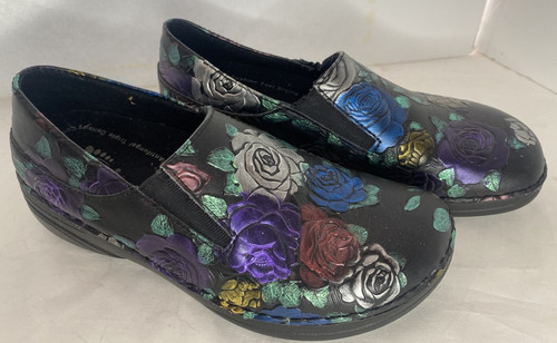 Spring Step Manila Rose Womens Sz 8 Black Comfort Shoes Clogs Floral Metallic