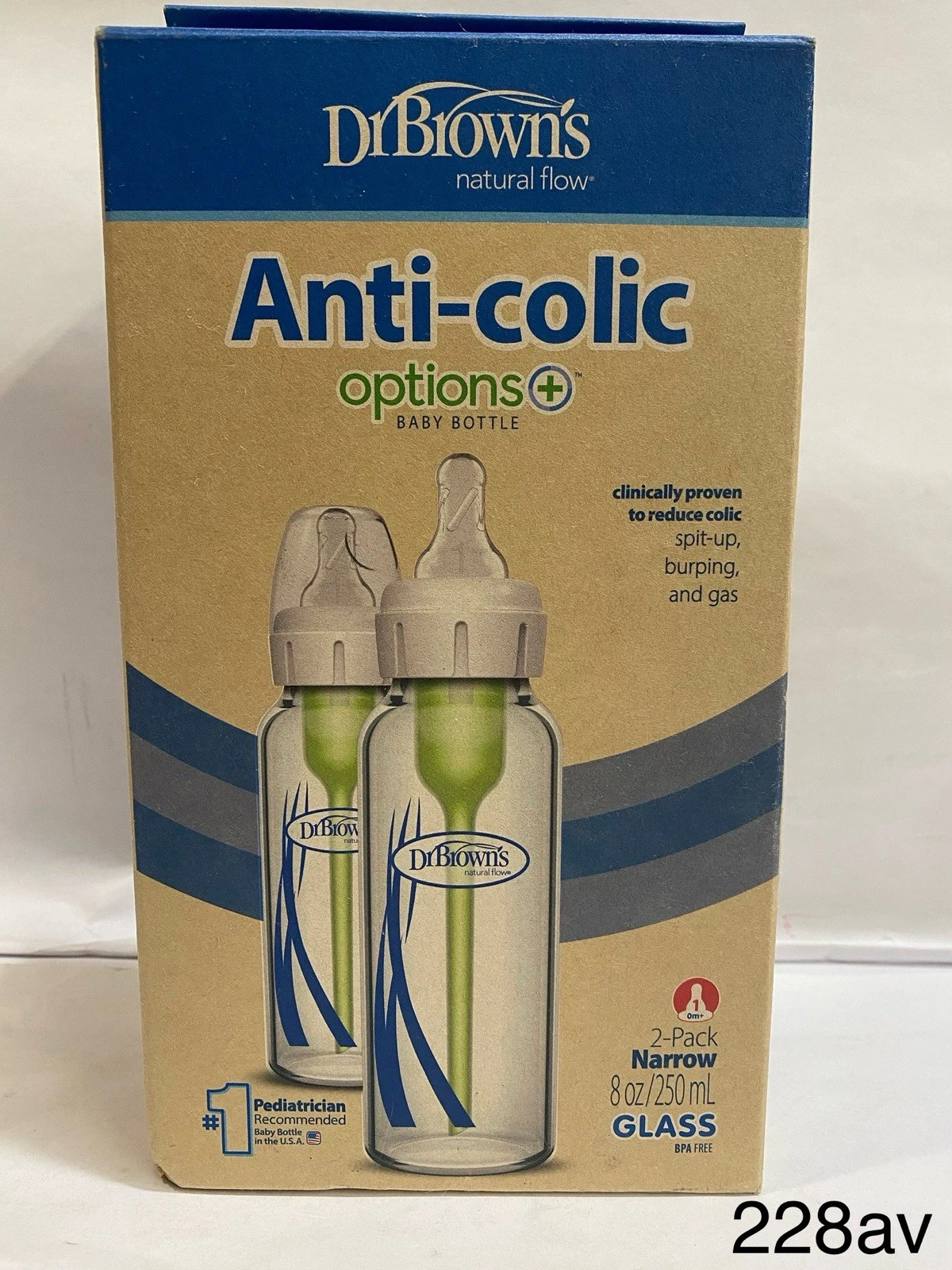 Dr. Brown's Anti-Colic GLASS Baby Bottle, Level 1, Narrow, 8 fl oz, 2 BOTTLES