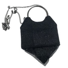 Black Mesh Rhinestone Beaded Evening Bag Purse Double Metal Handle Chain Strap