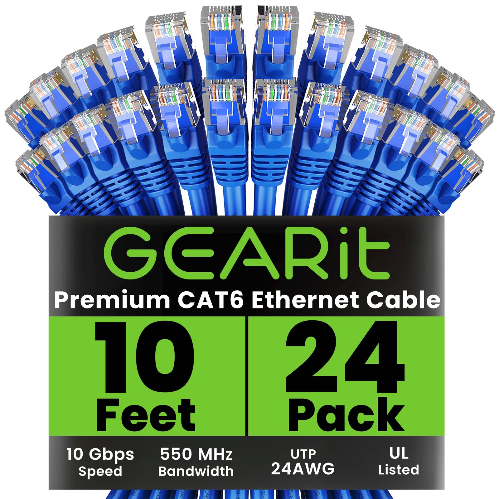 24-Pack 10ft Cat6 Ethernet Cable 10Gbps RJ45 Snagless Network Patch Cables
