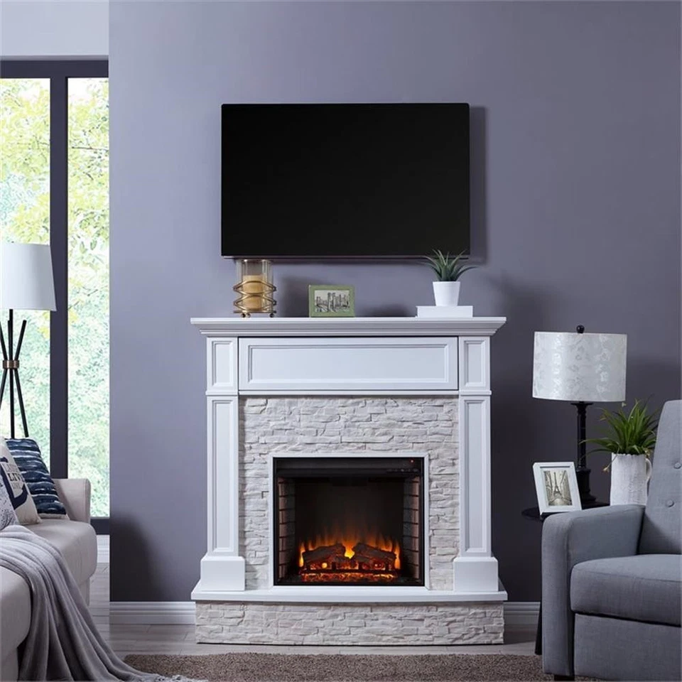 SEI Furniture Jacksdale Faux Stone Electric Fireplace TV Stand in White Foto 2 de 4