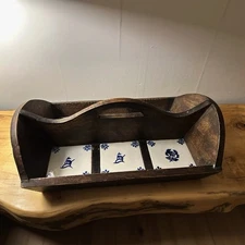 Antique Pine Flatware Caddy Walnut Wood Two Compartments Rustic Charm