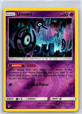 Unown 91/214 Rare Lost Thunder Pokemon Reverse Holo NM/M 528d-35