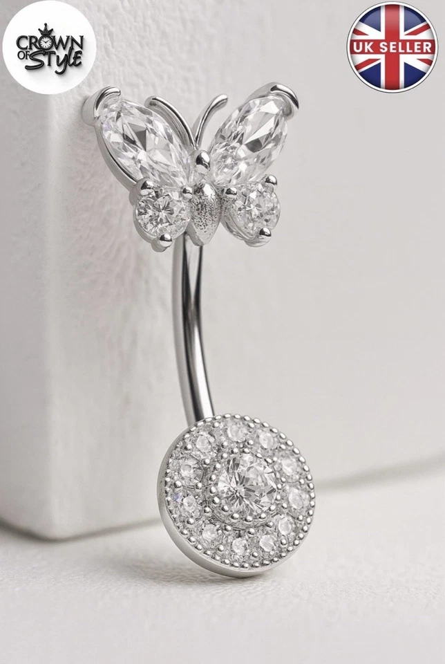 925 Sterling Silver Butterfly Belly Bar – Diamond CZ Navel Piercing Jewellery  - Image 2 of 4