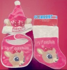 Christmas Bib Santa Hat Stocking Rudolph Reindeer Clarice Baby Set Plush Baby