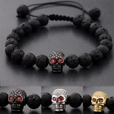 Punk Man's Zircon Skull Head Black Rock Lava Stone Macrame Adjustable Bracelets
