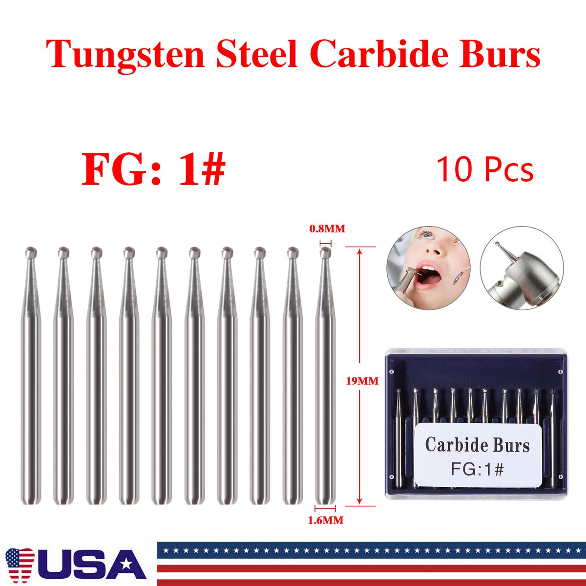 10 pcs Dental Carbide Burs Friction Grip Bur Shank F/ High Speed