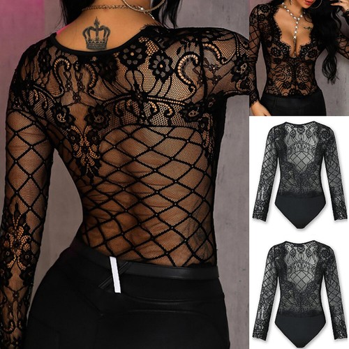 Sexy Damen ️ Frauen Spitze V Ausschnitt Netz Strampler Body Langarm Dessous Tops - Bild 3 von 11