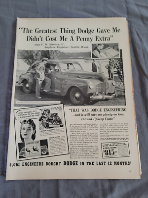 VTG 1940 Original Magazine Ad DODGE Car Didn't Cost Me An Extra Penny
