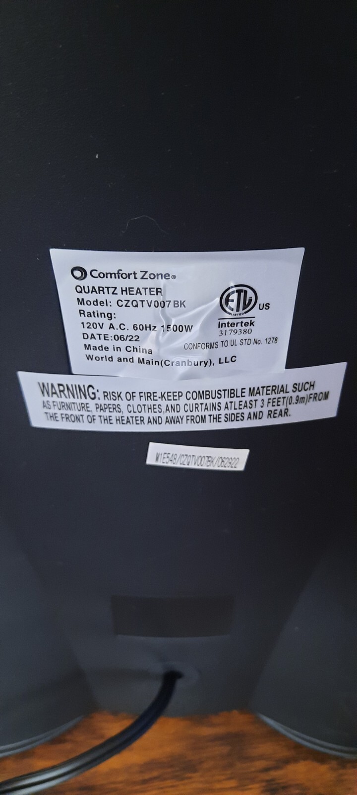 Comfort Zone CZQTV007BK 1500W Radiant Quartz Heater - Black (New Open Box)  - CNS Center of AZ