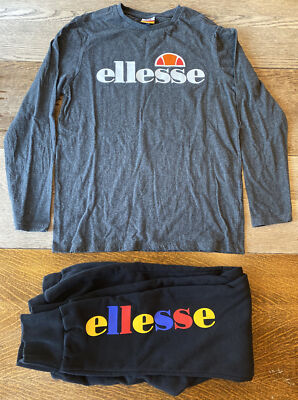 Lot of 2 Ellesse Women M Long Sleeve T Shirt & Joggers Gray Black Colorful Logo