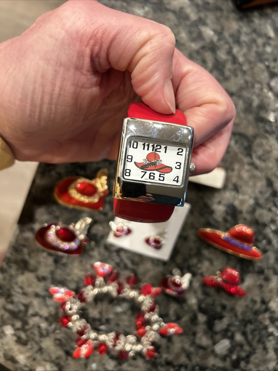 Huge Red Hat Society Jewelry Lot Purse Pins Bracelet Watch Charms Earrings Lot Red Hat Society Watch Bracelet Pin Earrings And Brooches  main image 4