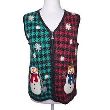 NORTHERN ISLES Novelty Sweater Vest Red Green Houndstooth Embroidered Snowmen