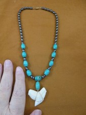  s6-M 1-3/8" Modern TIGER SHARK TOOTH 20" hematite  turquoise beaded NECKLACE