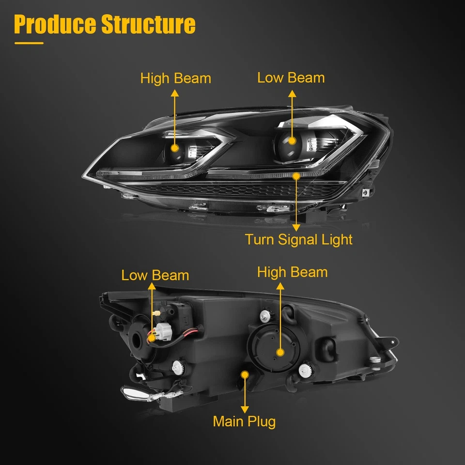 Pair Full LED DRL Headlights For 2015-2017 Volkswagen Golf MK7 Sequentia Lamps - Изображение 3 из 4